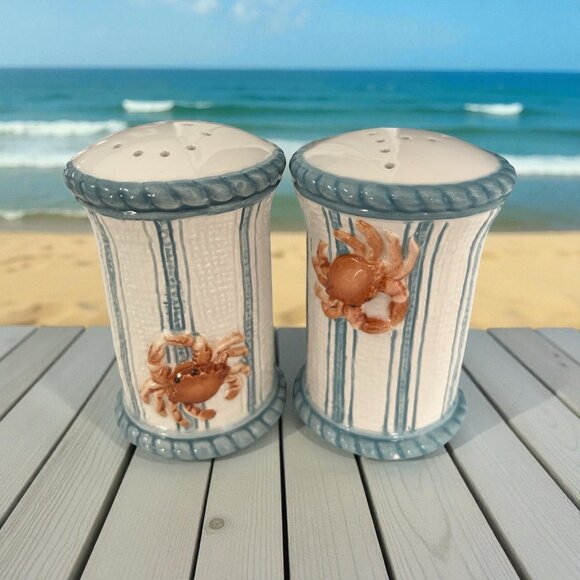 VTG Fitz and Floyd Seaboard Crab Salt & Pepper Shakers – Coastal Blue & White Ce - Picture 7 of 7